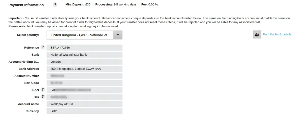 Bank Transfer deposit on a betting site