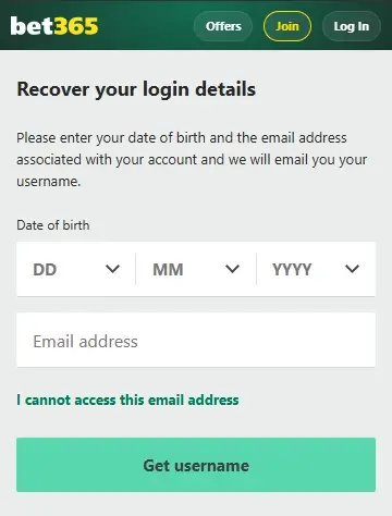 bet365 forgotten password