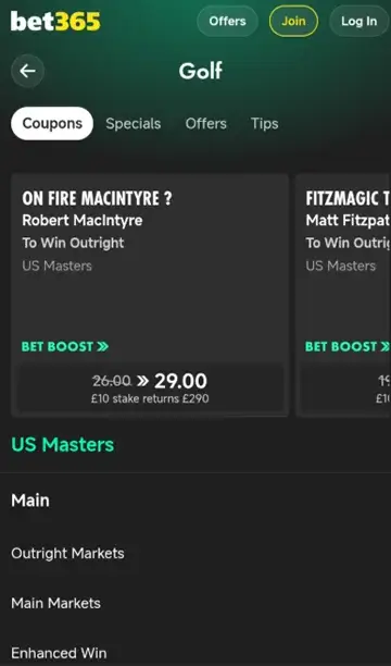 bet365 golf betting