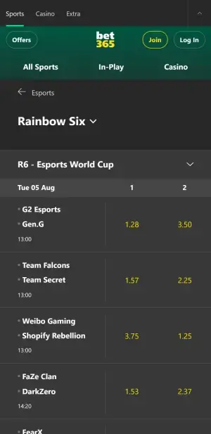 bet365 Rainbow Six betting options