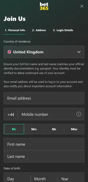 bet365 registration form UK