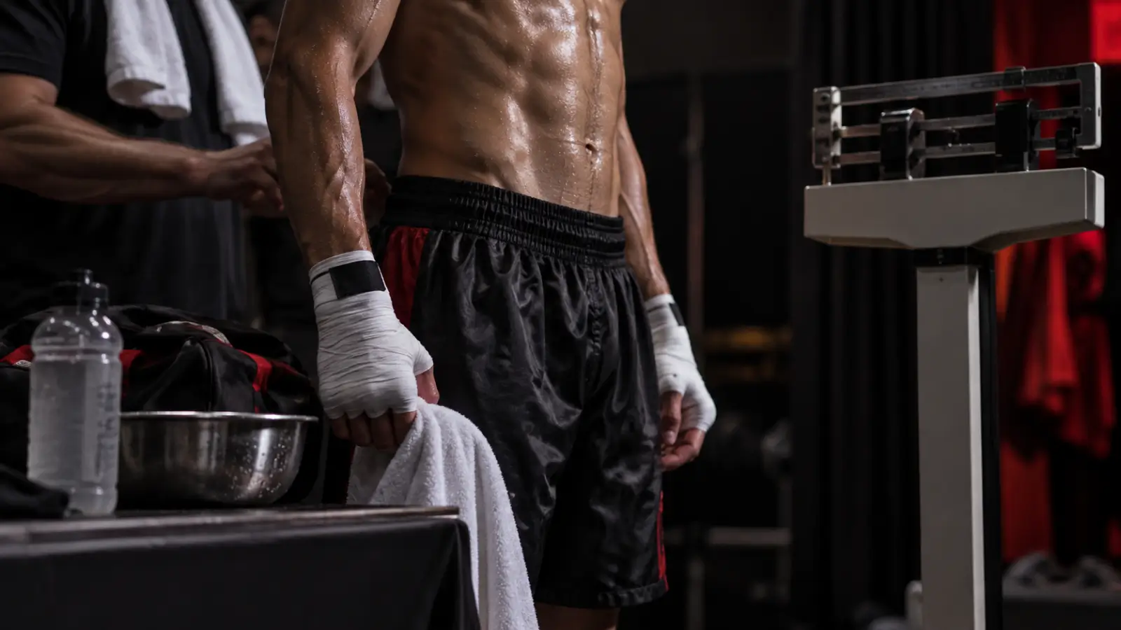 Boxer standing beside a weigh-in scale.