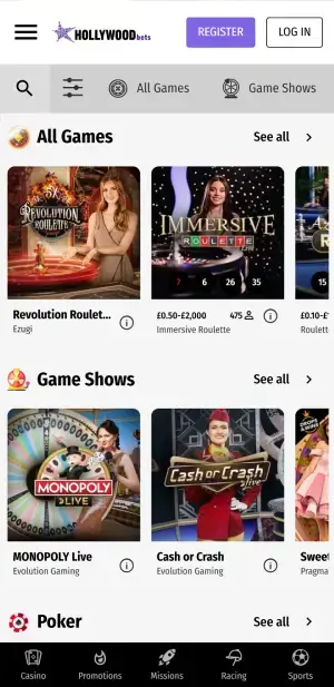 hollywoodbets live casino games with real dealers