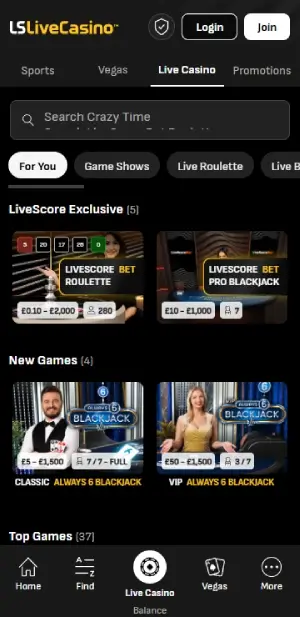 LiveScore Bet Live Casino Games