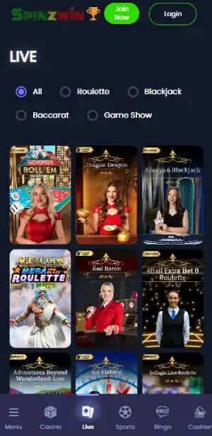 Spinzwin live casino games
